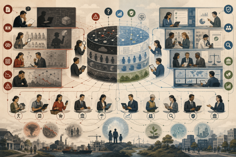 Editorial systems illustration showing imperfect markets shaped by hidden risk, unequal information, complex contracts, consumer uncertainty, financial opacity, disclosure, audits, certification, regulation, and institutional trust.