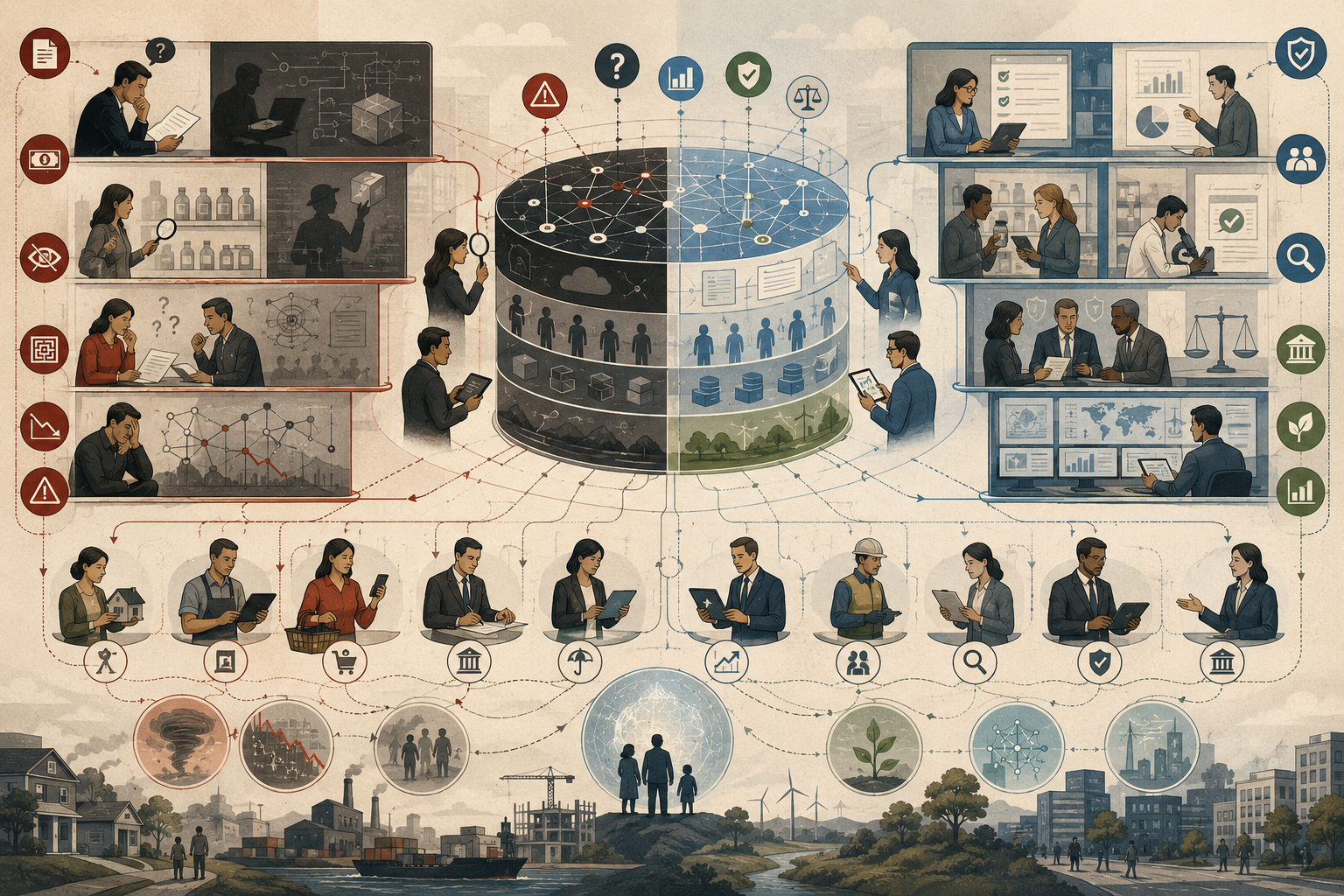 Editorial systems illustration showing imperfect markets shaped by hidden risk, unequal information, complex contracts, consumer uncertainty, financial opacity, disclosure, audits, certification, regulation, and institutional trust.