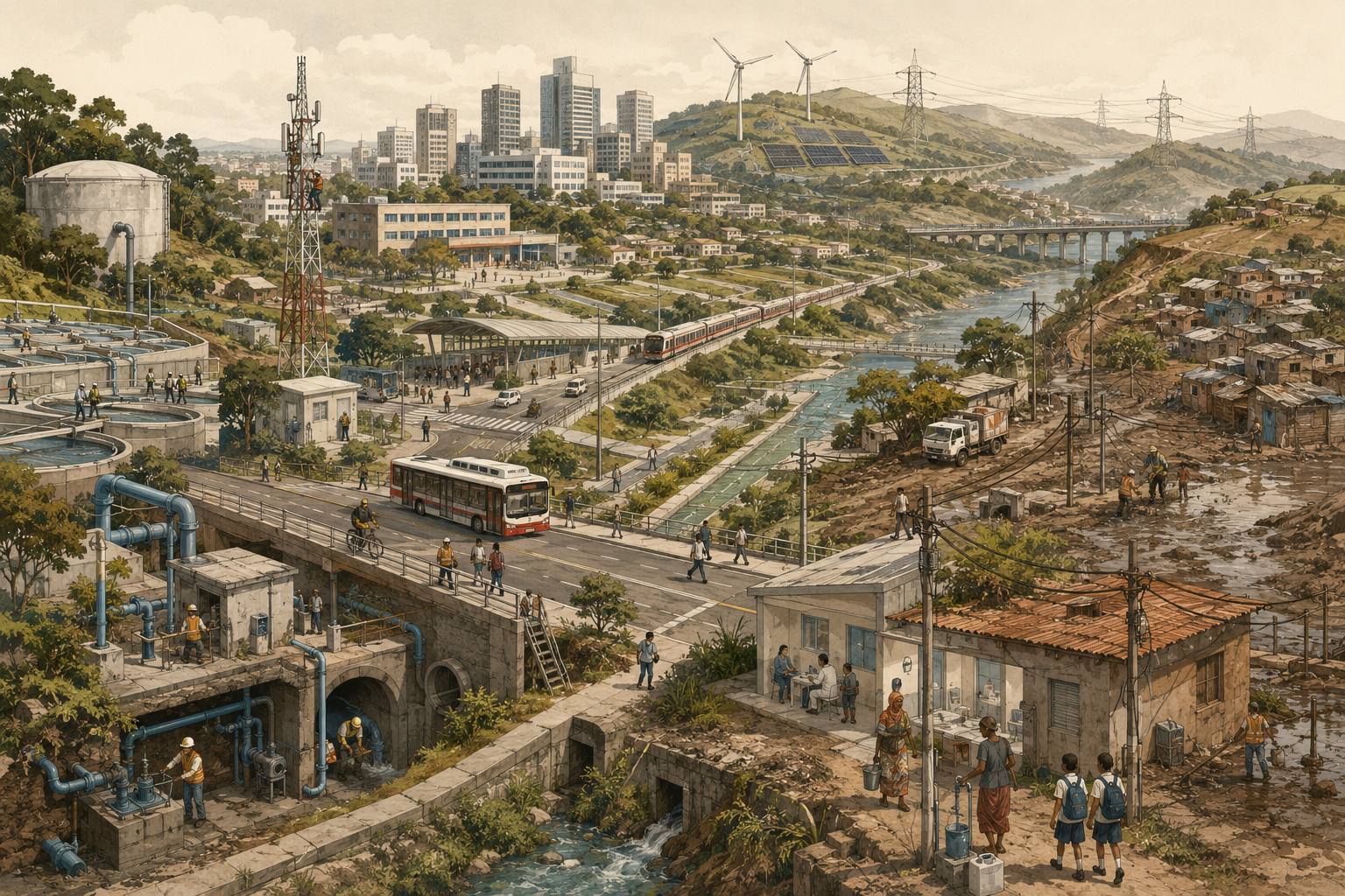 Editorial sustainability illustration showing interconnected infrastructure systems including water, transport, electricity, digital connectivity, public services, and uneven territorial access across urban and peripheral communities.