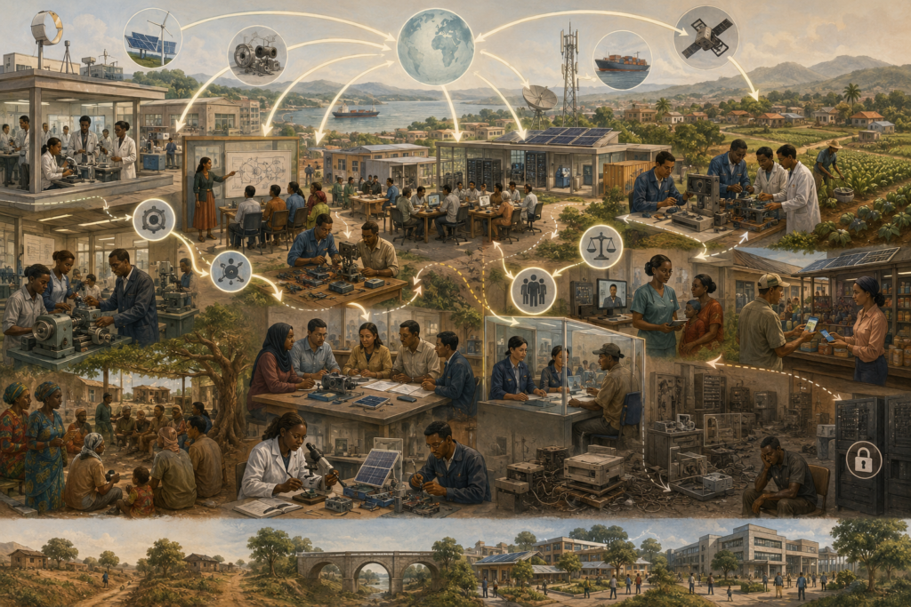 Editorial sustainability illustration showing research labs, technical training, local repair, digital infrastructure, renewable energy, community learning, and technology transfer pathways supporting innovation and leapfrogging.
