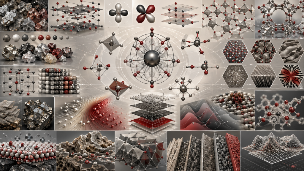 Abstract editorial scientific illustration of inorganic chemistry, elemental diversity, metal-ligand coordination complexes, ionic lattices, mineral structures, crystal-field motifs, solid-state materials, catalyst surfaces, magnetic textures, and computational inorganic workflows in cream, gray, black, metallic charcoal, and deep red.