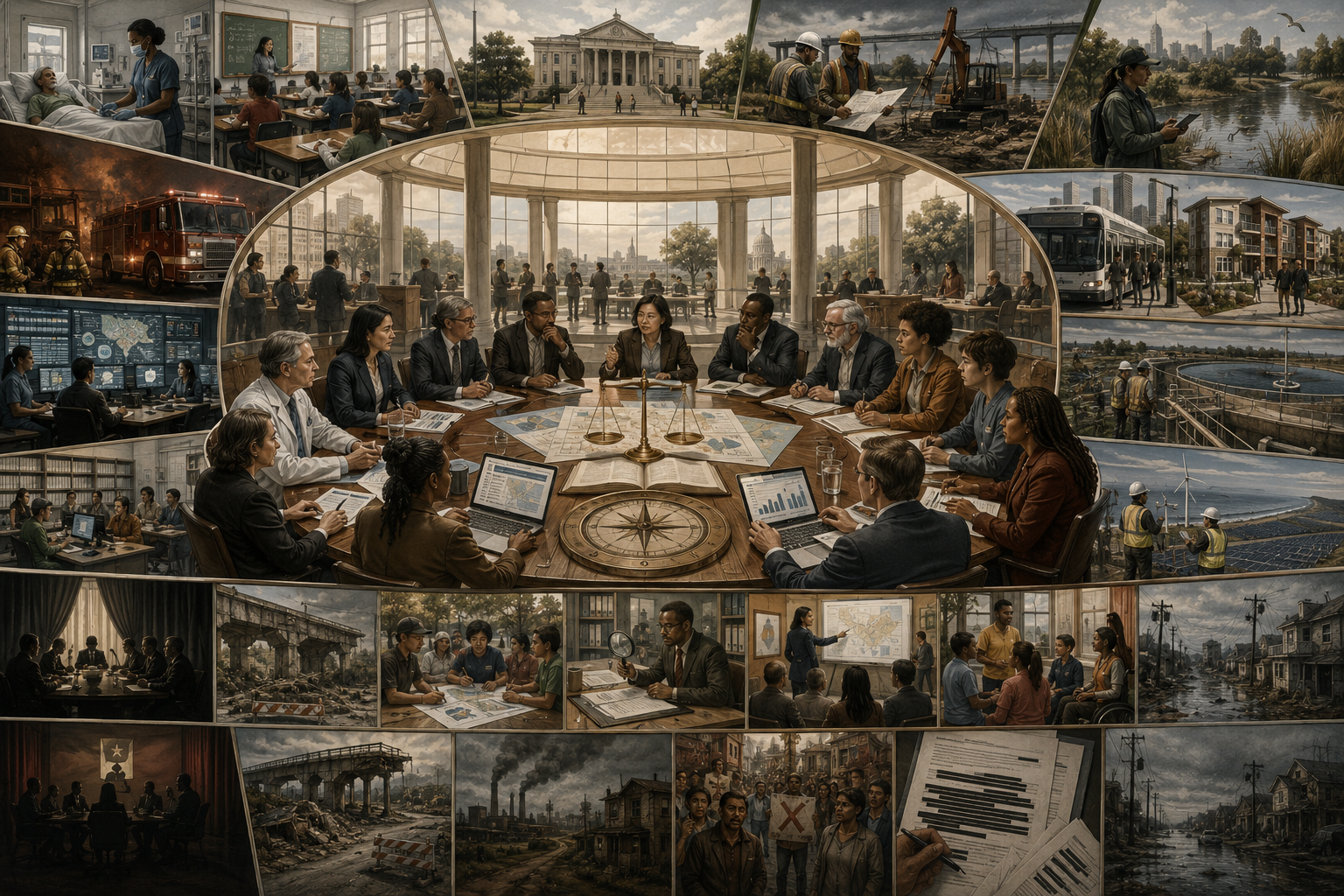 Editorial governance illustration showing a public trust forum with officials, residents, scientists, auditors, health workers, engineers, civic institutions, infrastructure, public services, climate risks, polluted neighborhoods, and oversight systems symbolizing accountability, evidence, fairness, and institutional stewardship.