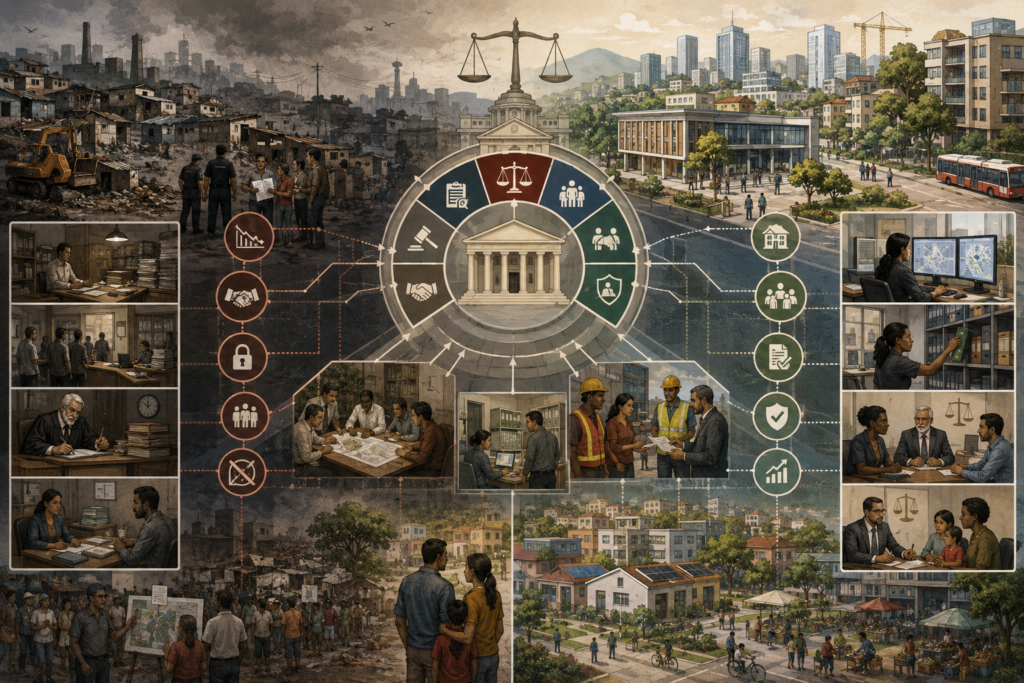 Editorial systems illustration showing institutions, property rights, courts, registries, housing, contracts, labor rights, administrative capacity, unequal enforcement, access to justice, and inclusive economic order.