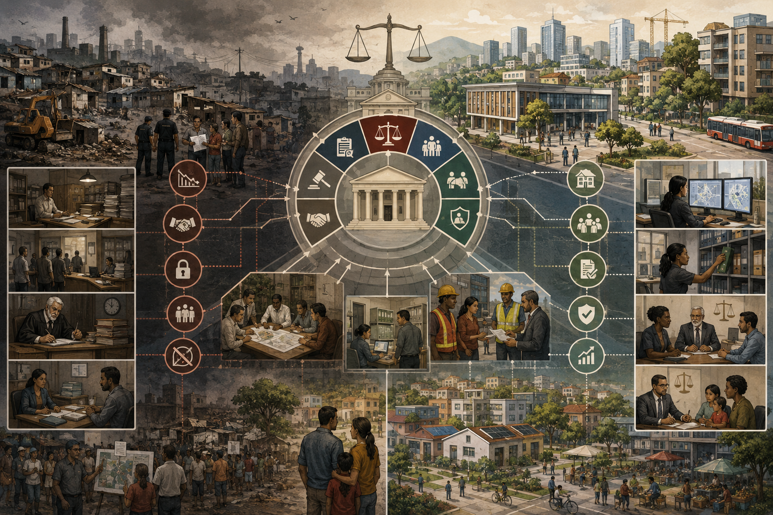 Editorial systems illustration showing institutions, property rights, courts, registries, housing, contracts, labor rights, administrative capacity, unequal enforcement, access to justice, and inclusive economic order.
