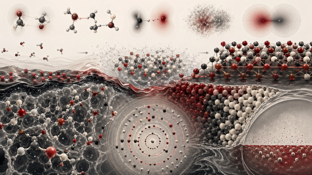 Abstract editorial scientific illustration of intermolecular forces, molecular clustering, liquid interfaces, crystal lattices, amorphous packing, radial distribution patterns, and condensed phases in cream, gray, black, and deep red.