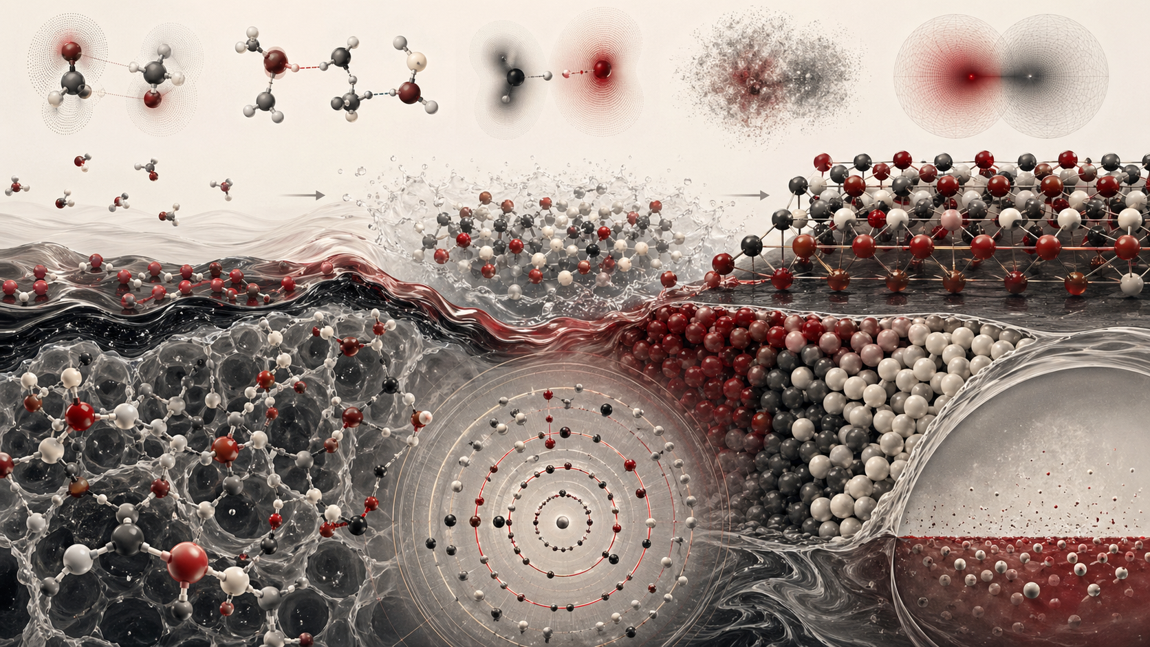 Abstract editorial scientific illustration of intermolecular forces, molecular clustering, liquid interfaces, crystal lattices, amorphous packing, radial distribution patterns, and condensed phases in cream, gray, black, and deep red.