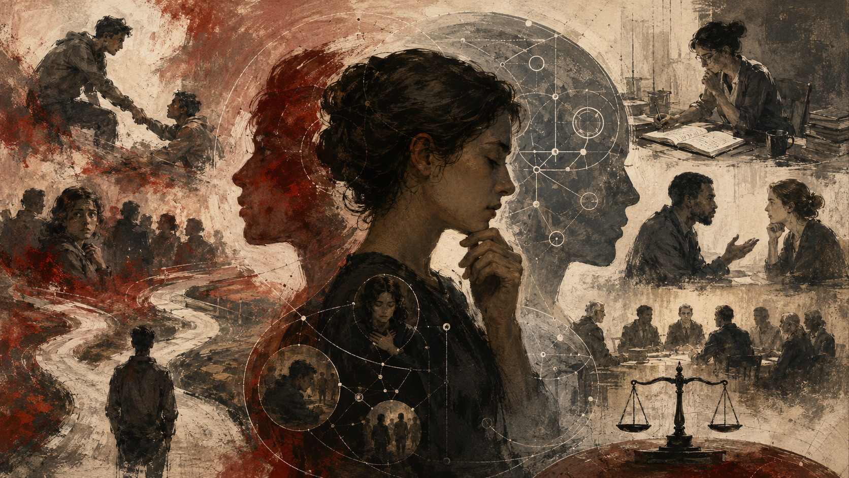 Painterly illustration of moral evaluation, showing a reflective central figure between intuitive emotion and deliberative reasoning, with branching paths, dialogue scenes, justice scales, and symbolic decision networks.