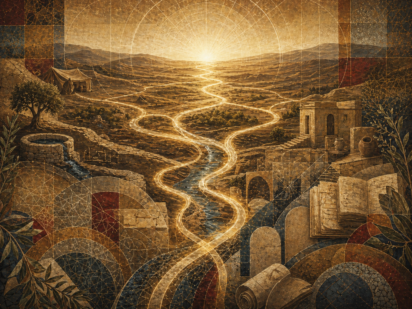 Editorial illustration of Isaac / Ishaq and the biblical covenant line shown through luminous branching desert pathways, covenantal geometry, manuscripts, stone forms, a well motif, and a radiant Abrahamic horizon.