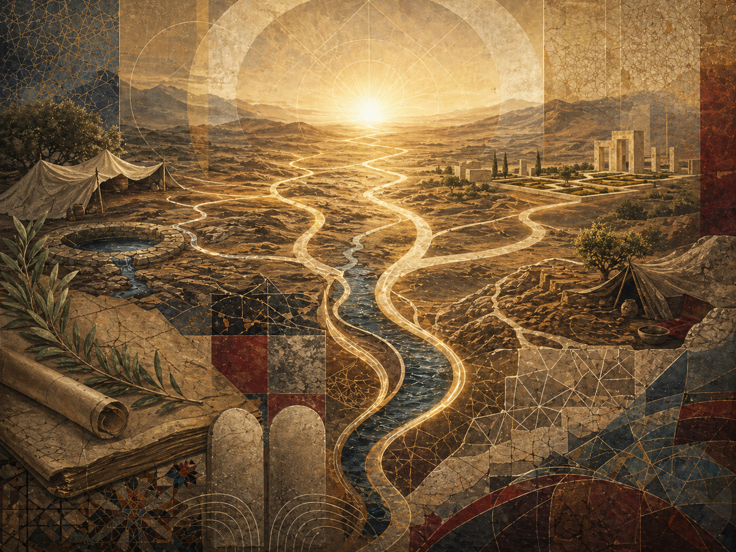 Editorial illustration of Ishmael / Isma‘il and the Ishmaelite covenant line shown through branching desert pathways, a wilderness well, tent-like shelter, manuscripts, stone forms, sacred geometry, and a radiant horizon.
