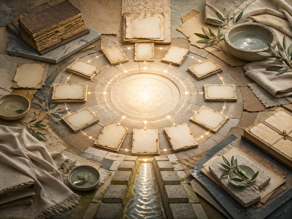 Non-figurative editorial illustration of layered parchment, compact blank wisdom panels, circular discipline geometry, luminous pathways, water traces, olive branches, folded linen, stone thresholds, and soft gold illumination representing Islamic aphoristic wisdom and the discipline of the heart.