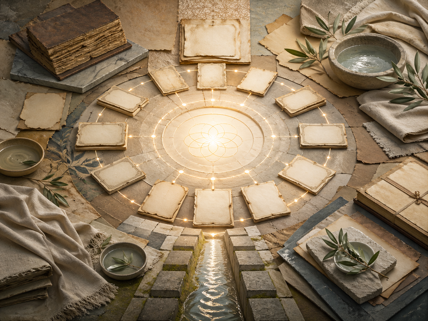Non-figurative editorial illustration of layered parchment, compact blank wisdom panels, circular discipline geometry, luminous pathways, water traces, olive branches, folded linen, stone thresholds, and soft gold illumination representing Islamic aphoristic wisdom and the discipline of the heart.