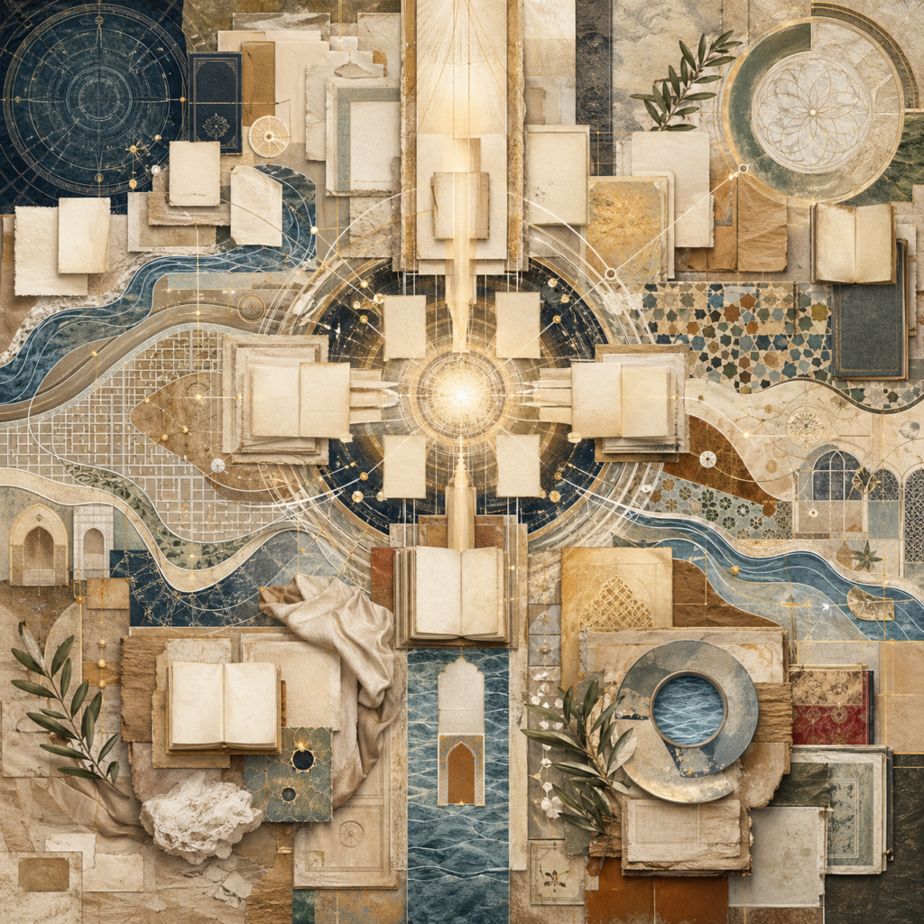 Non-figurative editorial illustration of layered parchment, manuscript folios, luminous knowledge pathways, geometric world-history networks, water channels, olive branches, folded linen, stone thresholds, and soft gold illumination representing Islamic civilization, knowledge, and world history.