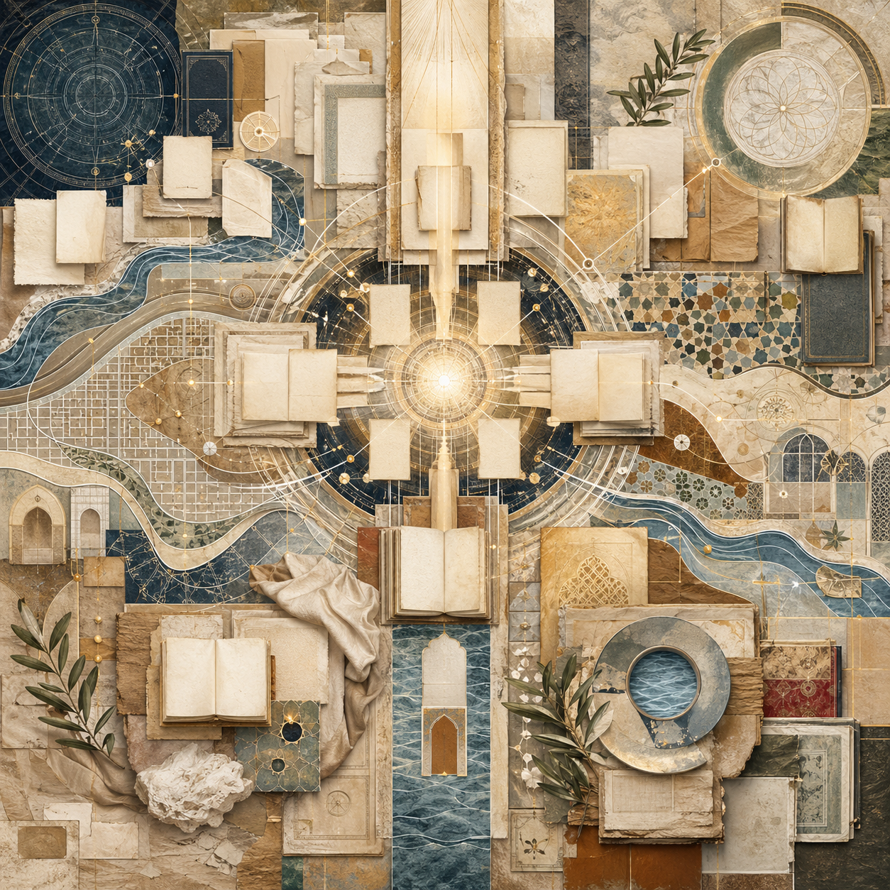 Non-figurative editorial illustration of layered parchment, manuscript folios, luminous knowledge pathways, geometric world-history networks, water channels, olive branches, folded linen, stone thresholds, and soft gold illumination representing Islamic civilization, knowledge, and world history.
