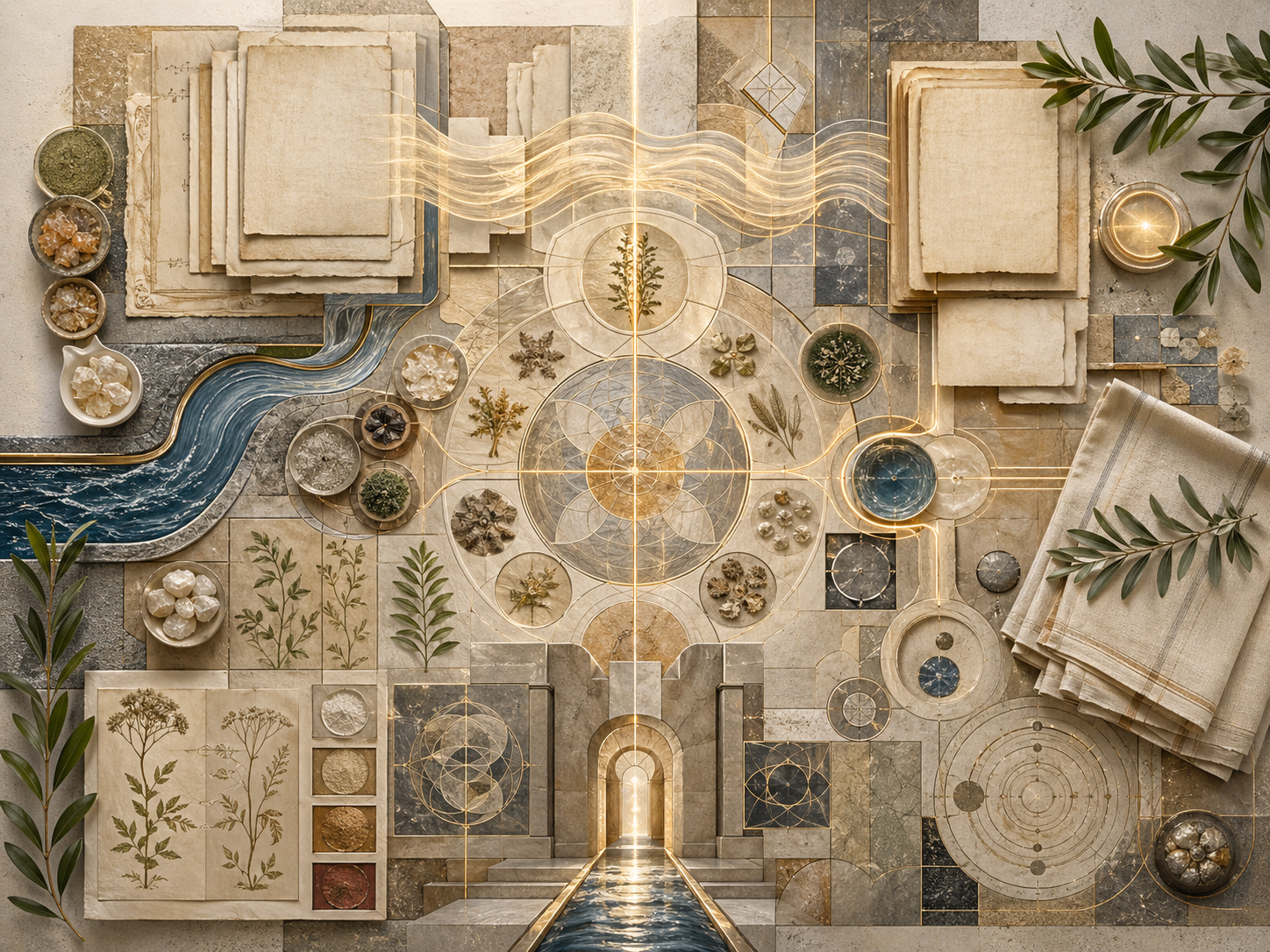 Non-figurative editorial illustration of layered parchment, blank medical folios, luminous healing pathways, water traces, botanical forms, olive branches, folded linen, stone thresholds, circular natural-knowledge geometry, and soft gold illumination representing Islamic medicine and the ordering of natural knowledge.