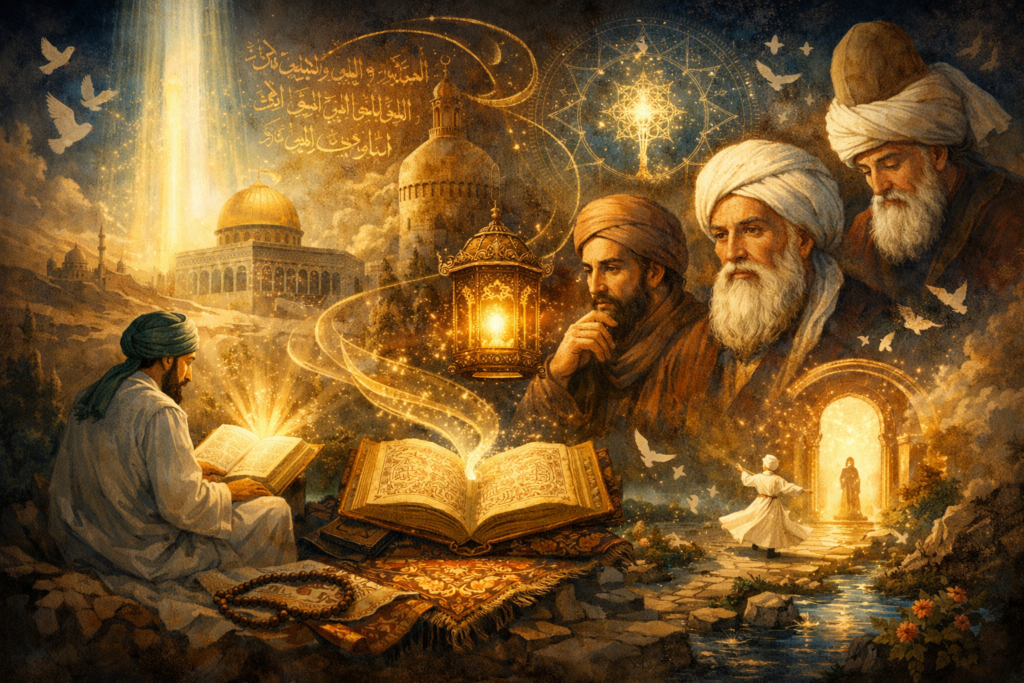 Illustration of Islamic and mystical thought showing revelation, wisdom, spiritual discipline, calligraphic light, and the inward journey of the soul.