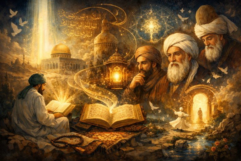 Illustration of Islamic and mystical thought showing revelation, wisdom, spiritual discipline, calligraphic light, and the inward journey of the soul.