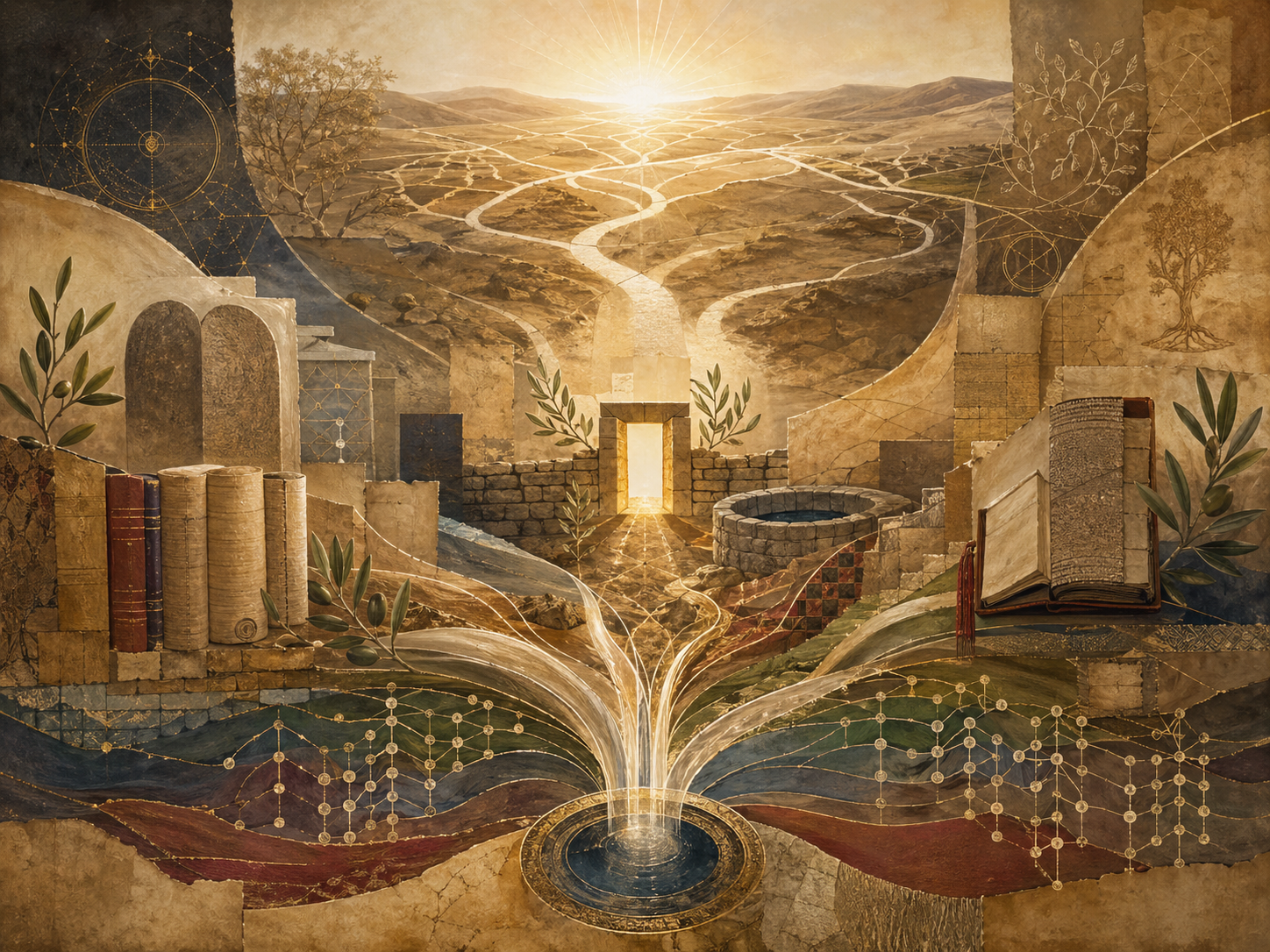 Editorial illustration of Jacob / Ya‘qub, naming, and covenant identity shown through luminous branching desert pathways, manuscripts, stone forms, a central threshold, well motif, olive leaves, and sacred geometry.