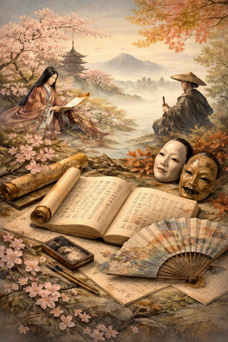 Editorial illustration of Japanese literature and poetic memory featuring manuscripts, seasonal landscapes, courtly and travel motifs, Noh masks, and layered literary symbols