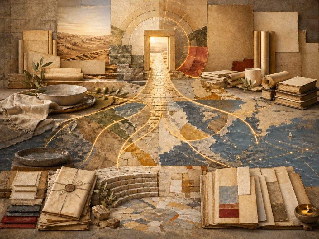 Non-figurative editorial illustration of layered parchment, scrolls, codex pages, desert horizons, stone pathways, water traces, olive branches, luminous branching routes, and archival textures representing Jesus, Gospel proclamation, and the apostolic world.