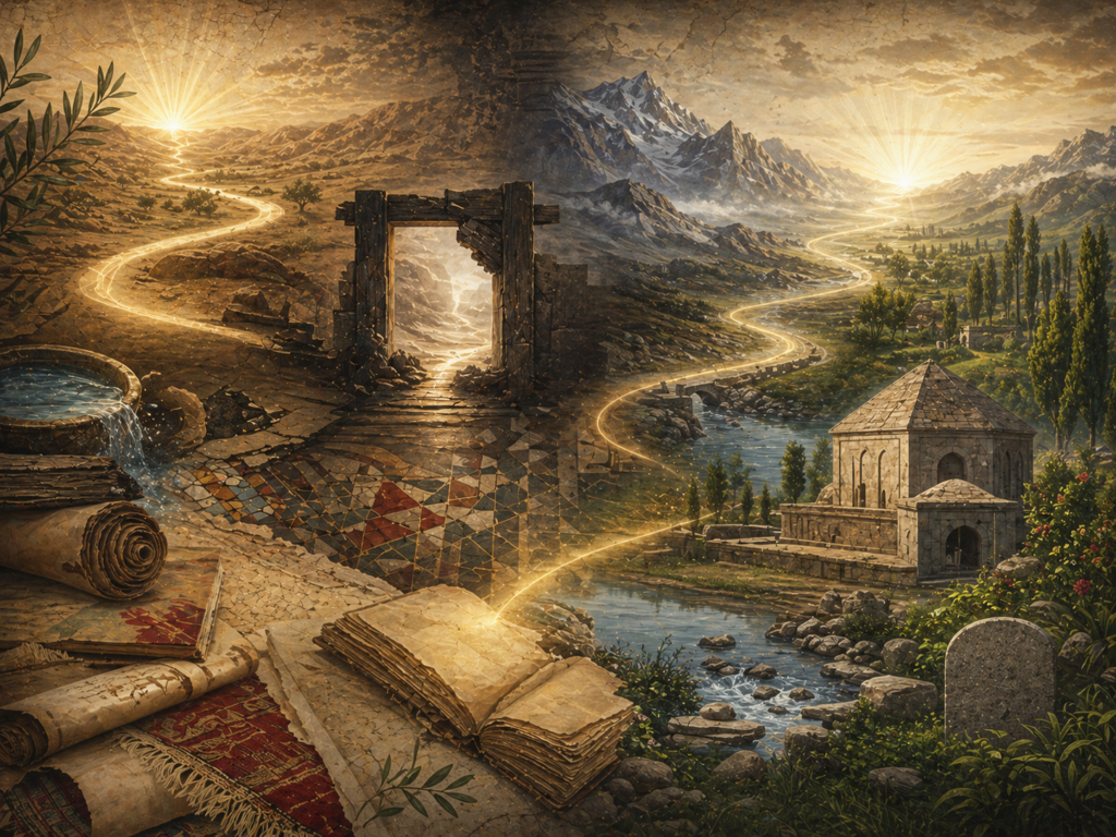 Editorial illustration of Jesus / ‘Isa in biblical and Qur’anic sacred history shown through a luminous Abrahamic journey from desert hills through a shadowed survival threshold toward mountain passes, water, Kashmir-like refuge, manuscripts, and quiet stone memory.