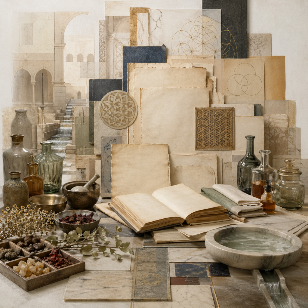 Non-figurative editorial illustration of blank medical manuscripts, open books, botanical materials, apothecary vessels, water channels, stone architecture, and luminous geometry representing Jewish, Christian, and Muslim physicians in the medieval Islamic world.