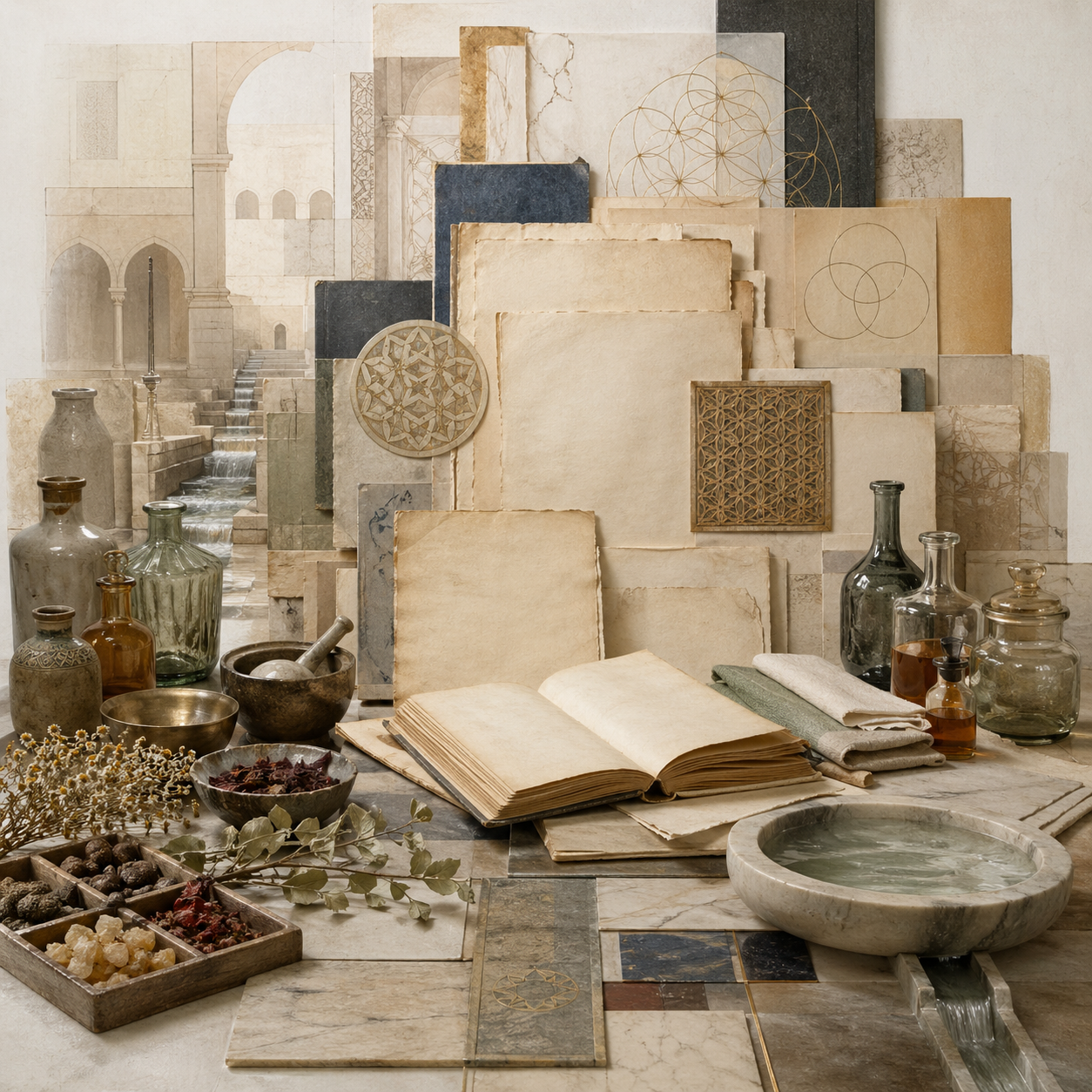 Non-figurative editorial illustration of blank medical manuscripts, open books, botanical materials, apothecary vessels, water channels, stone architecture, and luminous geometry representing Jewish, Christian, and Muslim physicians in the medieval Islamic world.