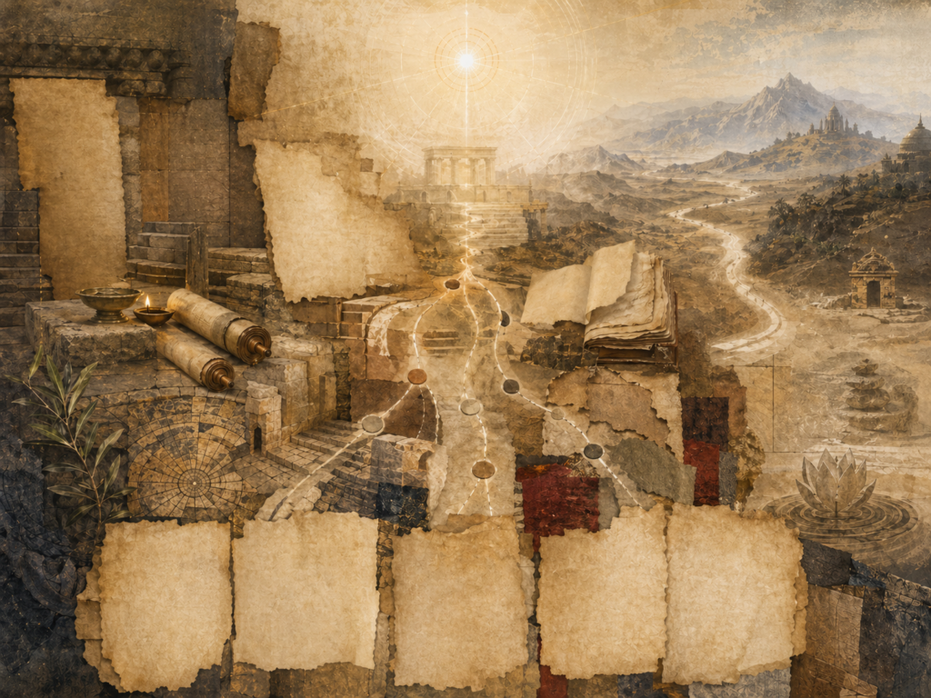Non-figurative editorial illustration of layered scrolls, parchment fragments, ancient stone architecture, eastern pathways, mountains, and abstract sacred geometry representing early Jewish followers of Jesus before Nicene orthodoxy.