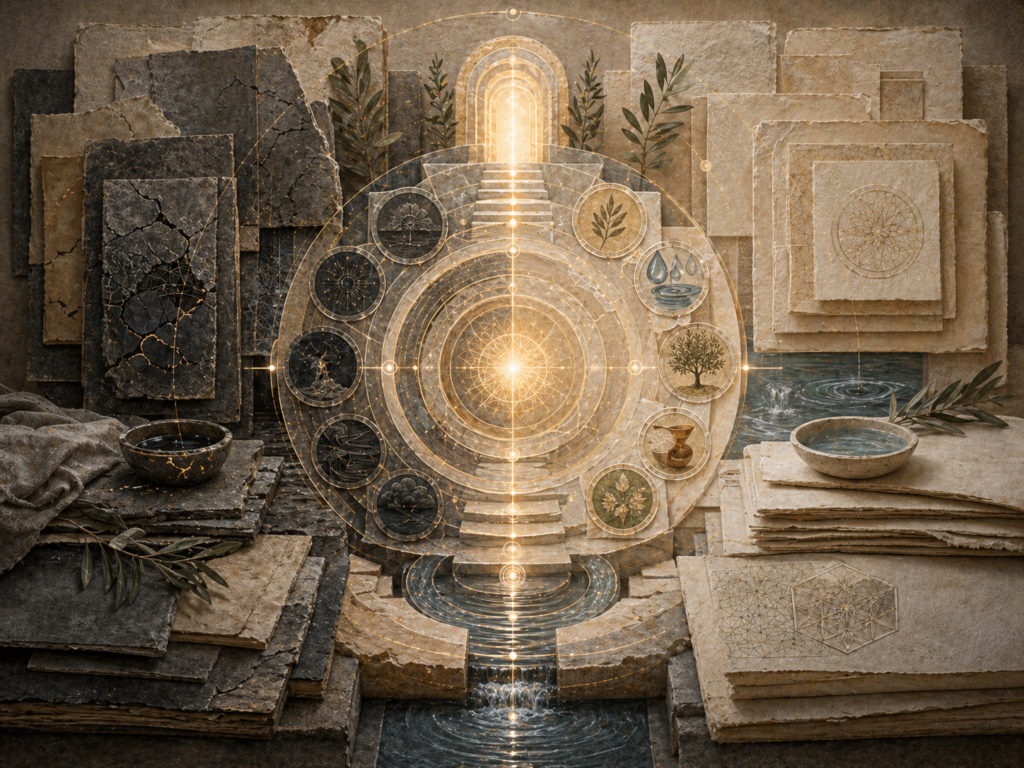 Non-figurative editorial illustration of layered parchment, fractured dark stone, repaired luminous pathways, circular discipline geometry, water traces, olive branches, folded linen, and soft gold illumination representing jihad al-nafs, inner struggle, moral discipline, and the greater jihad.