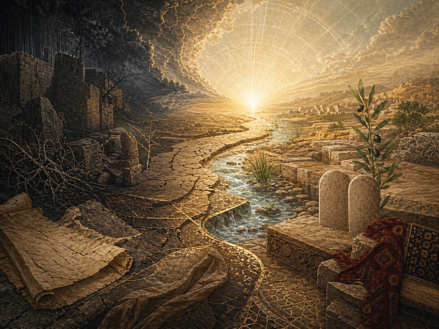 Editorial illustration of Job / Ayyub and the trial of suffering shown through a desert threshold, shadowed stone forms, luminous mercy, healing water, manuscripts, olive leaves, and a radiant horizon.