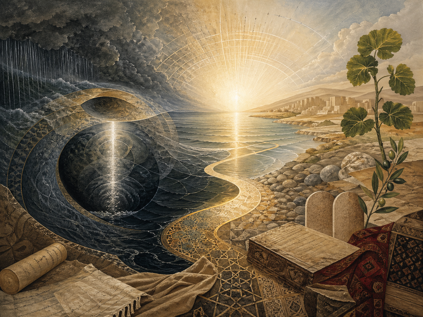 Editorial illustration of Jonah / Yunus, repentance, and mercy shown through a storm-dark sea, abstract fish-like enclosure, luminous prayer path, healing plant, manuscripts, stone forms, shoreline, and radiant horizon.