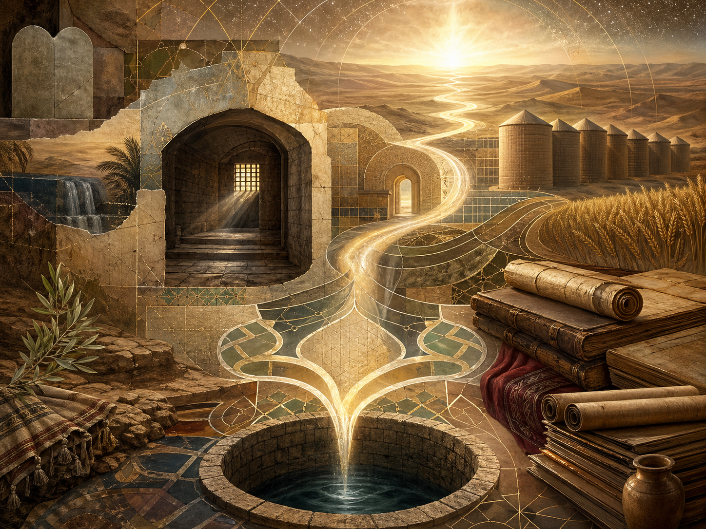 Editorial illustration of Joseph / Yusuf and providential history shown through a luminous path connecting a well-like opening, prison-like threshold, grain-store forms, manuscripts, sacred geometry, and a radiant horizon.
