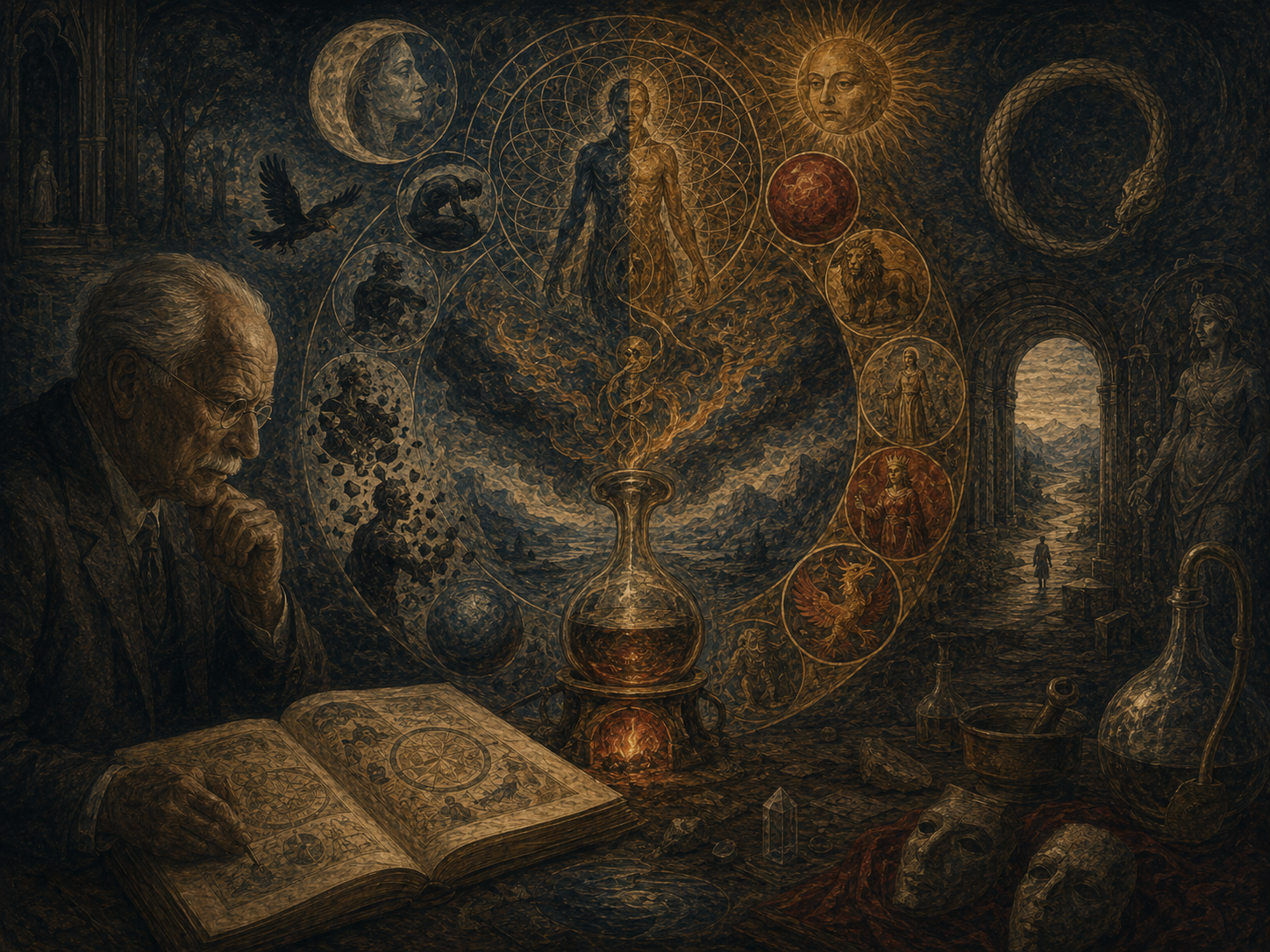 Jung studies an alchemical manuscript as symbolic figures, mandala geometry, sun and moon imagery, vessels, fire, masks, and transformation motifs unfold around him.