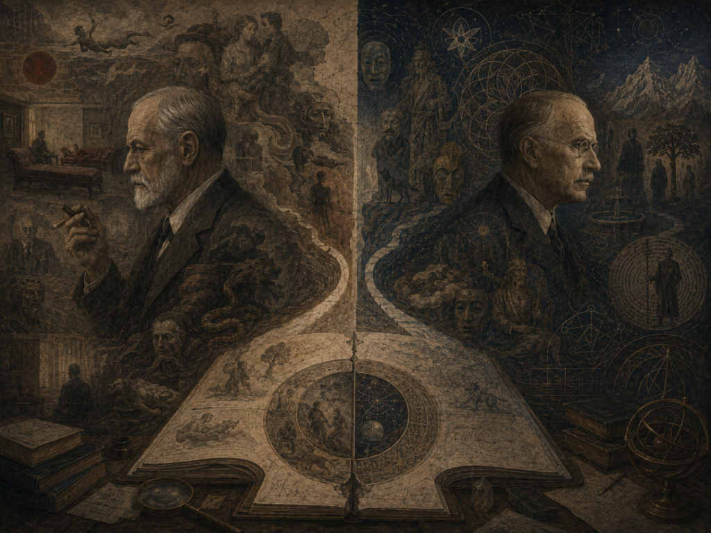 Two opposing thinker figures represent Freud and Jung, with psychoanalytic dream imagery on one side and archetypal mandala symbolism on the other.