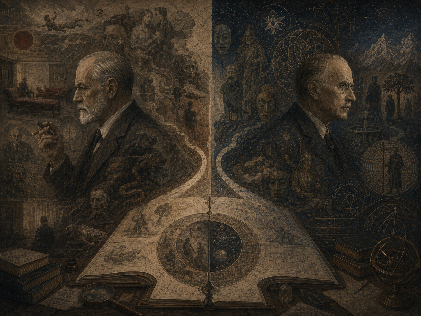 Two opposing thinker figures represent Freud and Jung, with psychoanalytic dream imagery on one side and archetypal mandala symbolism on the other.