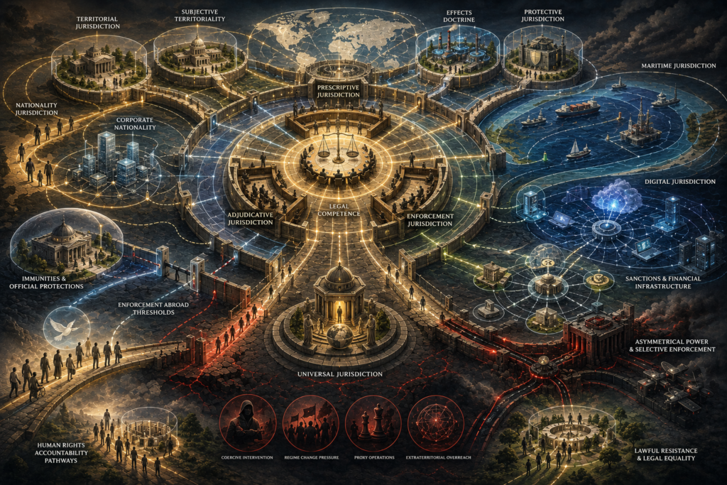 Abstract legal-studies illustration of jurisdiction in international law, showing territoriality, nationality, universal jurisdiction, extraterritorial reach, digital networks, maritime zones, sanctions, immunities, enforcement limits, and unequal global power.