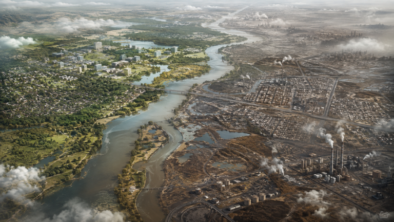 Elevated landscape showing green, well-protected communities connected by a shared river to denser industrial areas facing greater pollution and environmental burdens.
