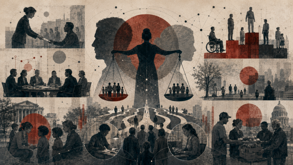 Editorial illustration of justice, fairness, and distributive moral judgment, showing balanced scales, diverse communities, civic institutions, inequality diagrams, aid distribution, and pathways of public responsibility.