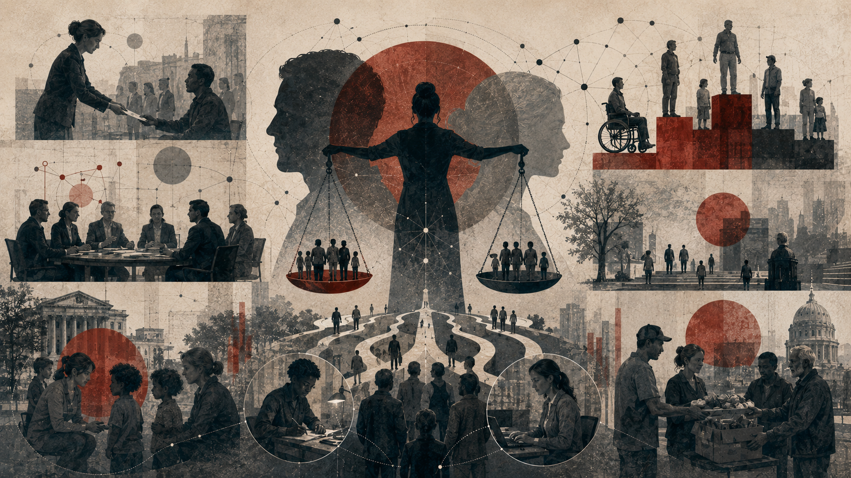 Editorial illustration of justice, fairness, and distributive moral judgment, showing balanced scales, diverse communities, civic institutions, inequality diagrams, aid distribution, and pathways of public responsibility.