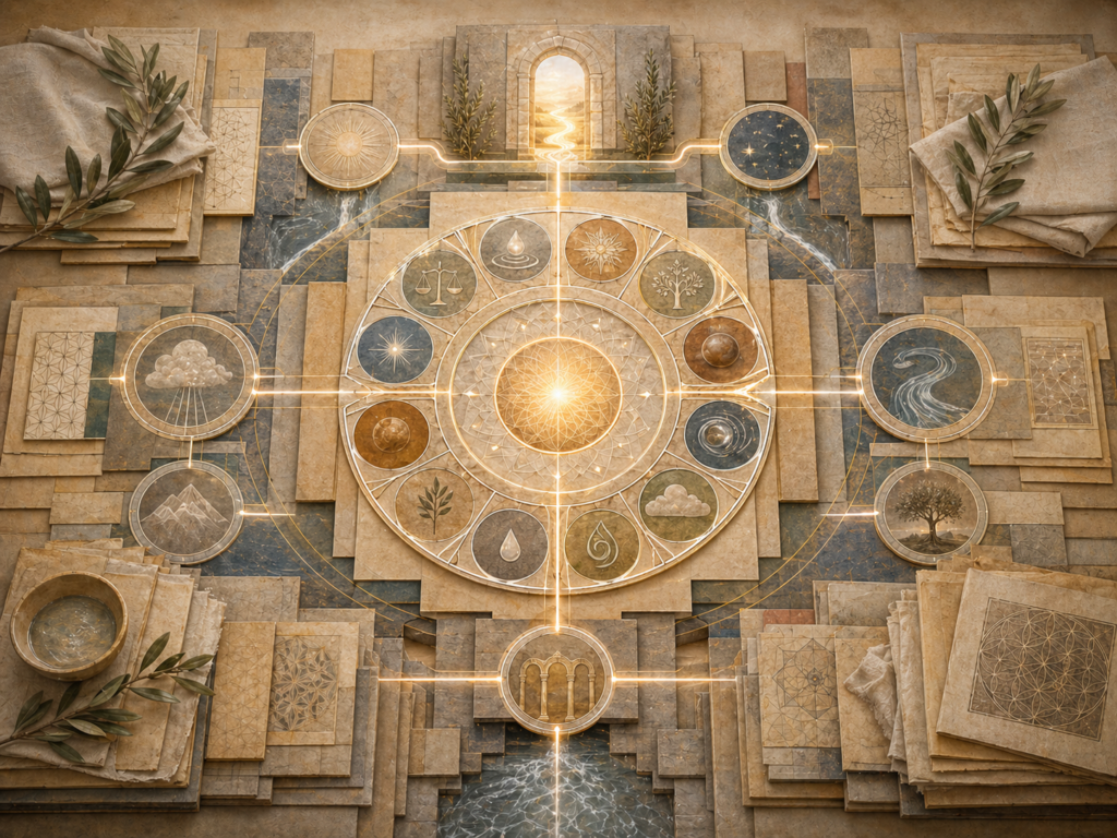 Non-figurative editorial illustration of layered parchment, circular tawhid-centered geometry, luminous theological pathways, archival folios, water traces, olive branches, stone thresholds, and soft gold illumination representing kalam, tawhid, and Islamic theology.