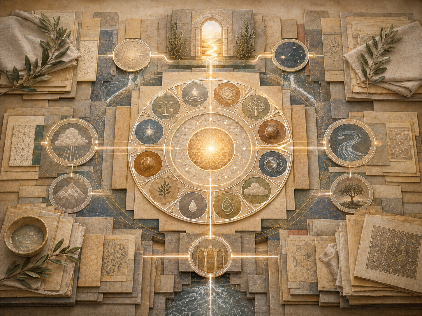 Non-figurative editorial illustration of layered parchment, circular tawhid-centered geometry, luminous theological pathways, archival folios, water traces, olive branches, stone thresholds, and soft gold illumination representing kalam, tawhid, and Islamic theology.