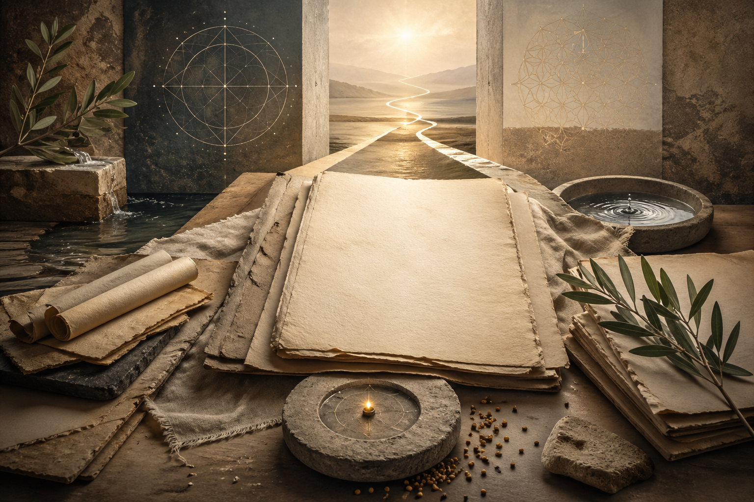 Non-figurative editorial illustration of blank parchment, scrolls, stone thresholds, water traces, olive branches, luminous pathways, and sacred geometry representing Khidr, hidden knowledge, and the limits of human understanding.