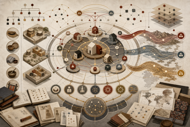Editorial anthropological illustration showing abstract household clusters, kinship networks, exchange pathways, migration flows, care systems, fieldwork materials, and interconnected relational structures.