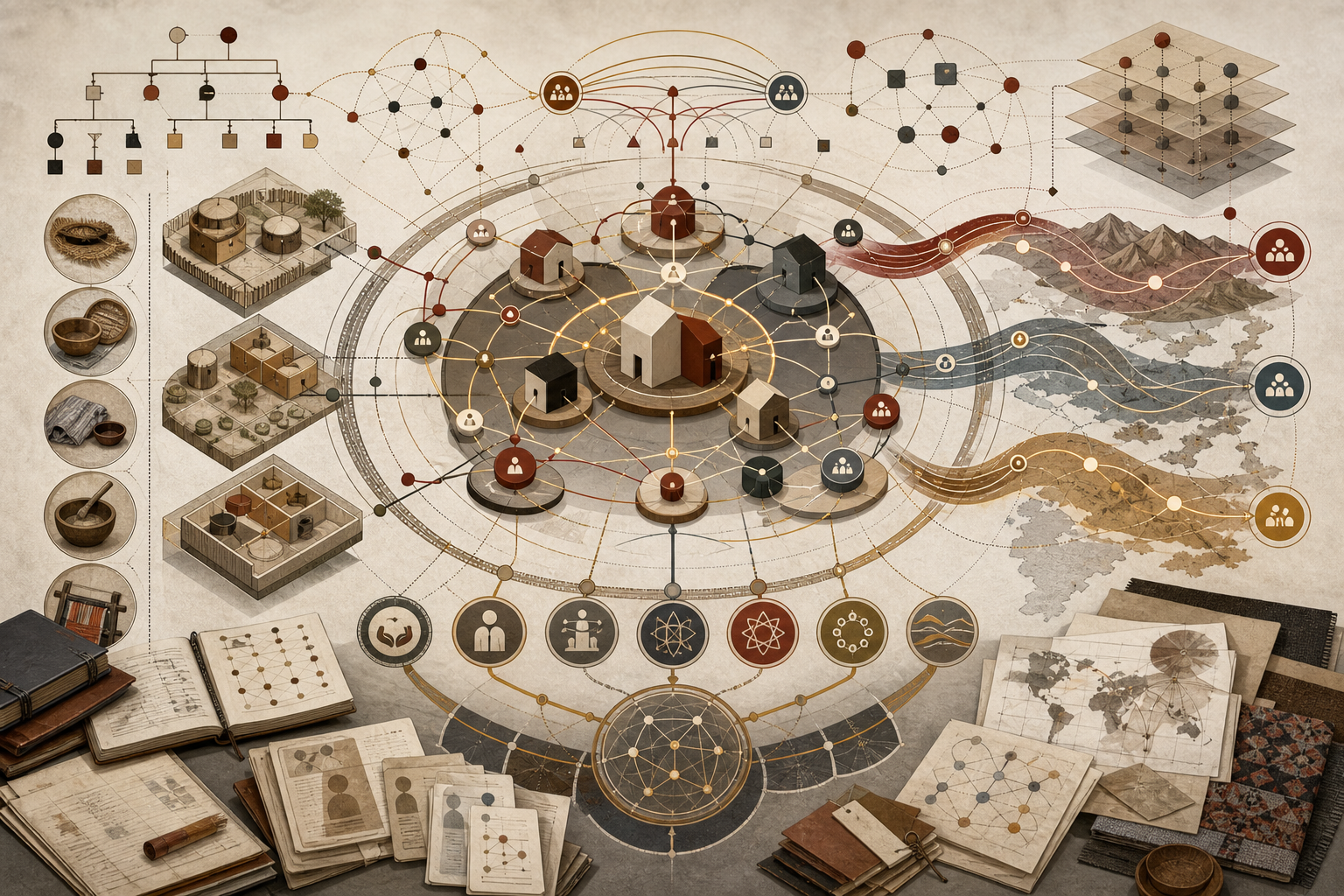Editorial anthropological illustration showing abstract household clusters, kinship networks, exchange pathways, migration flows, care systems, fieldwork materials, and interconnected relational structures.