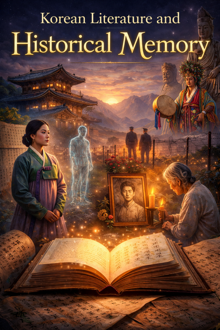 An editorial illustration showing an open book surrounded by Korean manuscripts, a traditional palace, a woman in hanbok, a ghostly figure, memorial candles, a framed portrait, and symbolic imagery of division and spiritual memory.