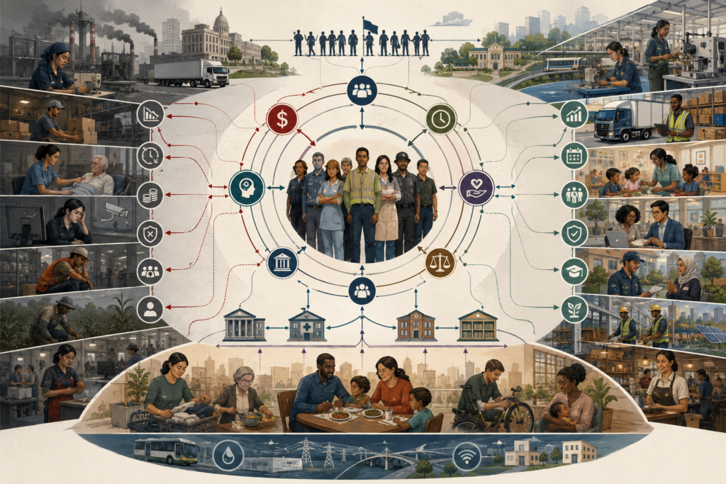 Editorial systems illustration showing workers across sectors connected to wages, productivity, care work, bargaining power, institutions, household stability, public services, technology, and sustainable labor organization.