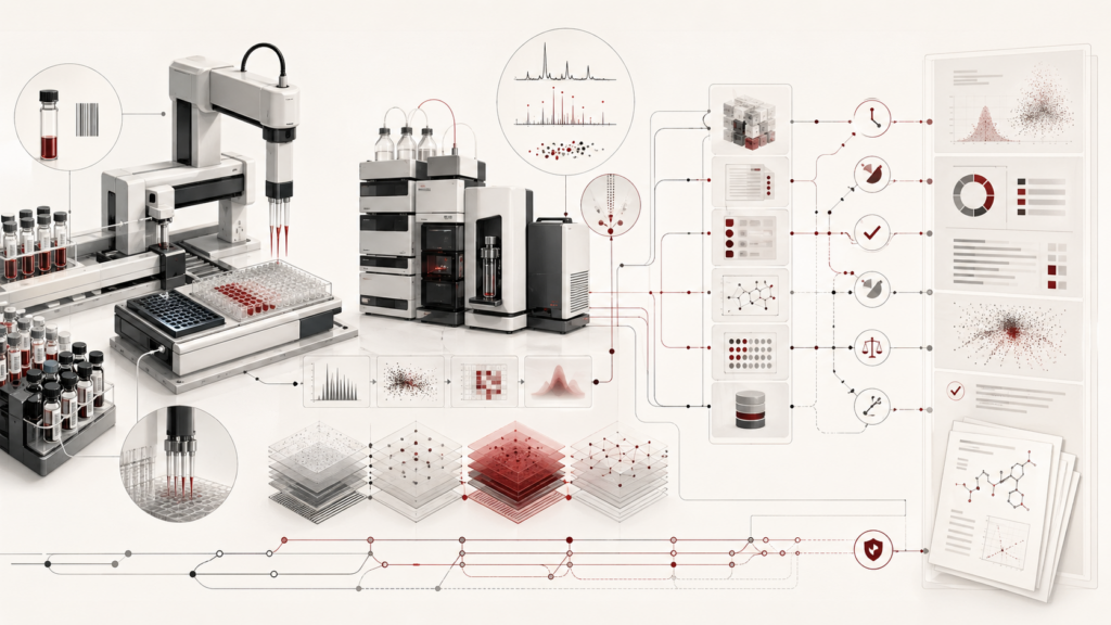 Abstract editorial scientific illustration showing laboratory automation as a connected chemical workflow linking sample tracking, robotic liquid handling, instrument methods, chemical measurement, metadata, data files, quality control, audit trails, and scientific reporting.