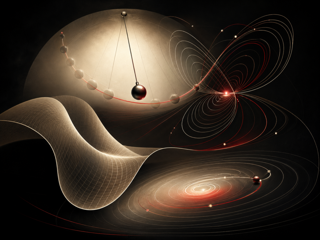 Editorial scientific illustration showing a pendulum trajectory, abstract phase-space curves, smooth geometric manifolds, orbit-like paths, and energy-surface contours.