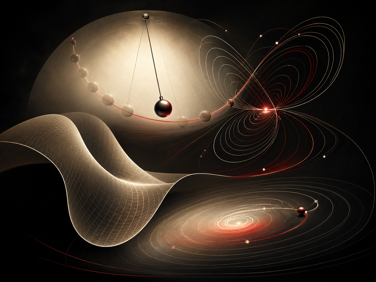 Editorial scientific illustration showing a pendulum trajectory, abstract phase-space curves, smooth geometric manifolds, orbit-like paths, and energy-surface contours.
