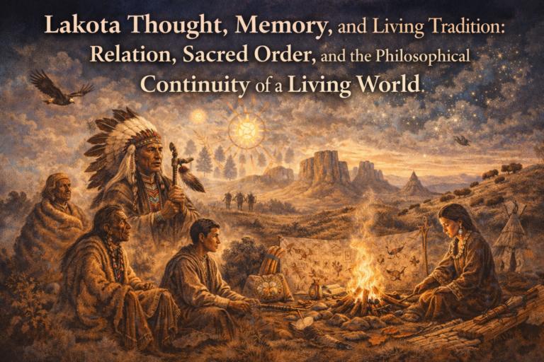 A composite illustration of Lakota cultural continuity showing elders and younger community members gathered around a fire beneath a star-filled sky, with plains landscape, bison, tipi, winter count imagery, and ceremonial symbolism.