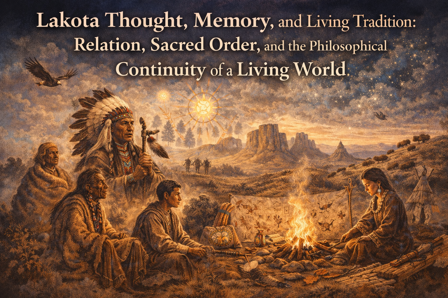 A composite illustration of Lakota cultural continuity showing elders and younger community members gathered around a fire beneath a star-filled sky, with plains landscape, bison, tipi, winter count imagery, and ceremonial symbolism.